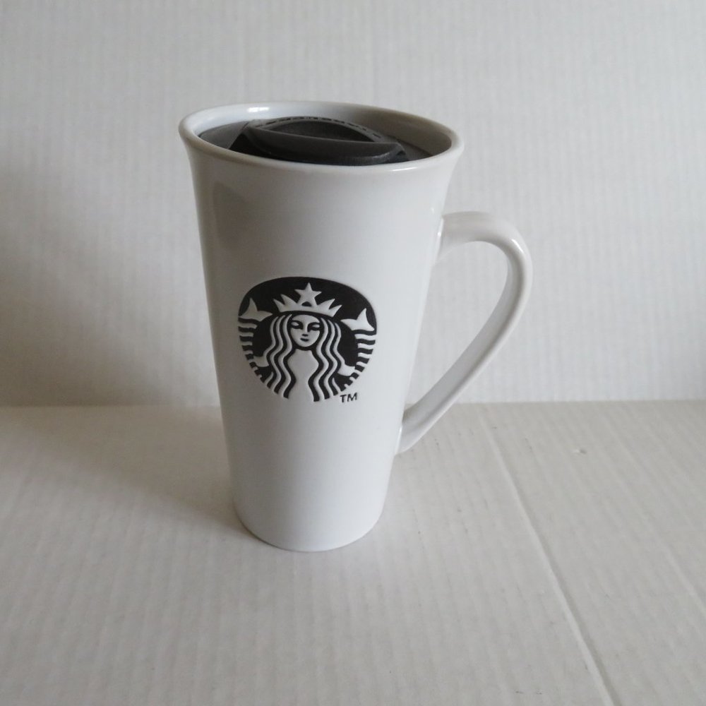 Starbucks White/Black Etched Logo 16oz Ceramic Travel Mug Cup, NWOT